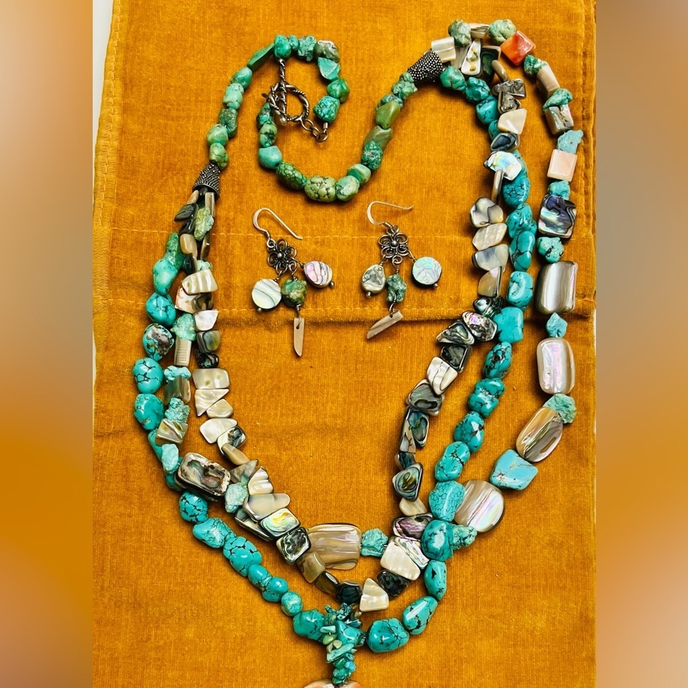 925 Turquoise & Mother of Pearl reversible necklace & earrings 24”, 2.5” center - Picture 4 of 6